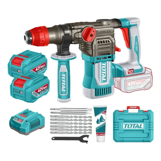 Rotomartillo Inalámbrico Total 42v - Motor Brushless, Sin Carbones - 4.5 J, Encastre Sds Plus - Con 2 Baterías 2.5ah Litio-ion, Cargador, 6 Mechas, 2 Cinceles Y Maletín - Trhli422882