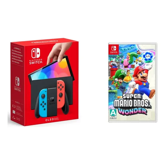 Nintendo Switch Oled 64gb Neon+juego Super Mario Bros Wonder Color Negro