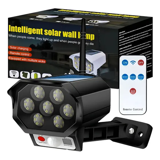 Lampara Luz Solar Simulador Camara Ip65 Sensor Movimiento Reflector Exterior 7 Focos Led Alta Potencia Con Control Remoto, Carga Solar, Resistente Al Agua, Lámpara De Pared Inteligente Para Patio