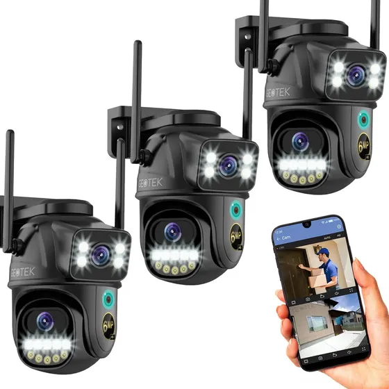 Kit 3 Camaras Seguridad Geotek Ip Wifi Domo Doble Lente 6MP Exterior Nocturna Vision Nocturna Inteligente Audio Bidireccional Negro