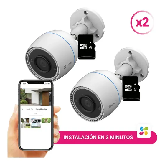 Kit Video Vigilancia 2 Camara Ezviz 2mp Audio Vision Nocturna Exterior Memoria 32gb Cs-h3c