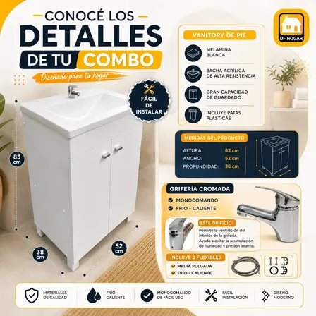 Combo Kit Baño Grifería Df Hogar Melamina De Pie Vanitory Moderno 52x83x38 Cm Blanco Bacha Poliuretano Alta Resistencia Monocomando Incluida Diseño Elegante Un Agujero