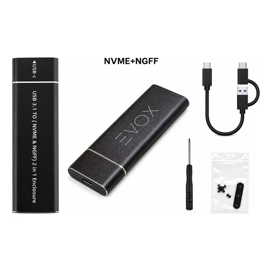 Carry Disk Externo M.2 Evox - Case USB C para M2 NVMe + NGFF Sata - Lector De Disco SSD 2230 / 2242 / 2260 / 2280 - Incluye Cable USB-C 0.30m con Adaptador USB 3.0 - Negro - QIBBZ