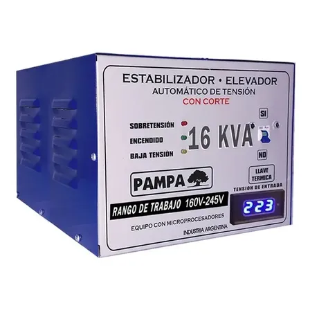 Estabilizador elevador de tensión Pampa Herramientas 16KVA 16000VA entrada y salida de blanco
