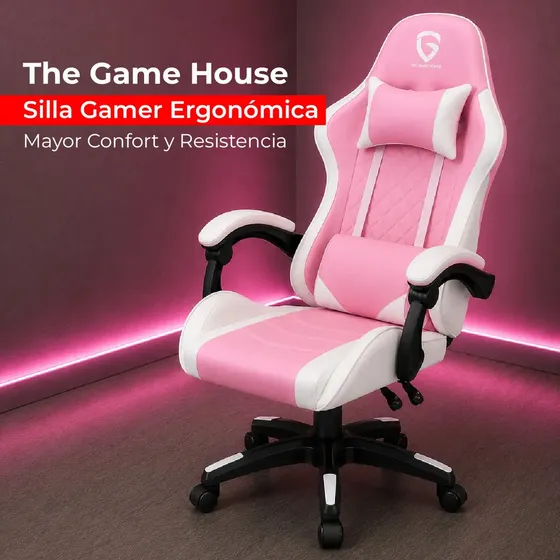 Silla Gamer Ergonómica Sillón Gaming 01r Pc Escritorio Estudio Oficina Respaldo Reclinable Asiento Alta Densidad Color Rosa con Blanco Tapizado Cuero Sintético The Game House Hasta 120kg Reforzada