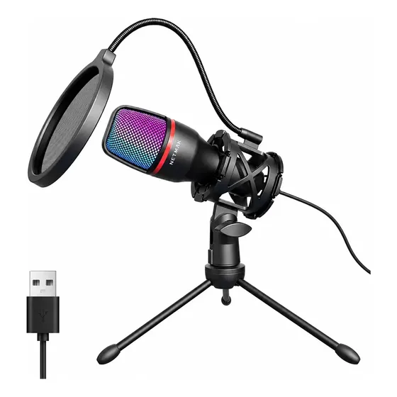 Micrófono Usb Condensador Netmak Gamer Rgb Streaming Pc Led