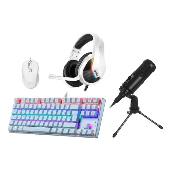 Combo Gamer Rgb Teclado, Auricular Blanco, Mouse Y Micrófono