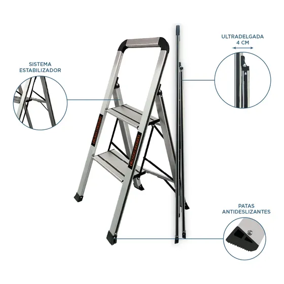 Escalera Black + Decker Plegable Doméstica Slim 2 Escalones Aluminio 150 Kg