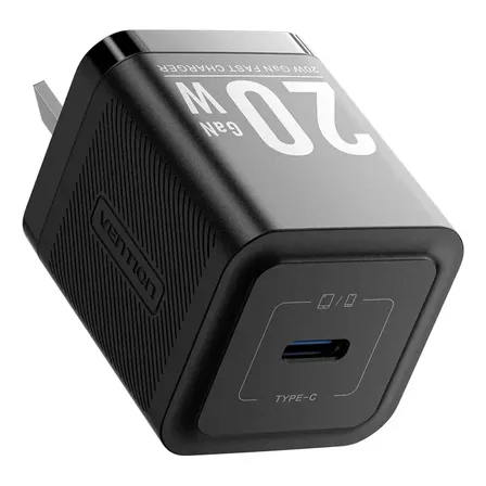 Cargador USB C - Carga Rapida 20w Gan Vention - 1 Puerto Tipo C - Adaptador de pared - Compatible con carga Iphone Samsung AirPods auriculares celular - Color Negro - FEPB0-ARG