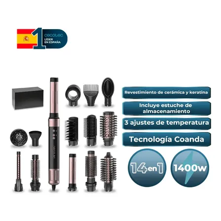 Cepillo Modelador Secador Cecotec AirGlam 14 en 1 Negro 14 Cabezales Tecnologia Coanda 1400w 110000 rpm 3 Velocidades 3 Temperaturas Ceramica Keratina