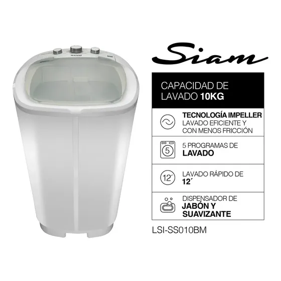 Lavarropas Siam Carga Superior Semi Automático 10 Kg Tec Impeller