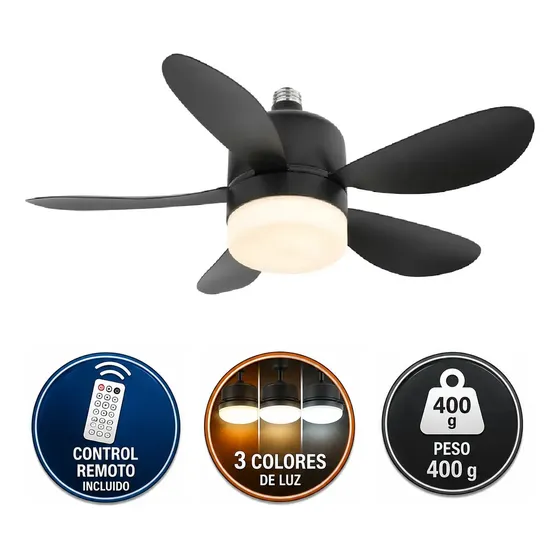 Foco Ventilador Lampara Led 3 Color Rosca Zego Eolo Control Cantidad De Aspas 5 Estructura Negro Aspas Negro Diámetro 43 Cm Frecuencia 50hz Material De Las Aspas Plástico