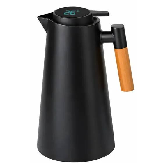 Jarra Térmica 1 Litro Con Manija De Madera Pico Vertedor Nórdico Café Mate Con Pantalla Digital De Temperatura Tapa Inteligente Diseño Moderno Minimalista Escandinavo Cocina Oficina Mesa Levys Bazar