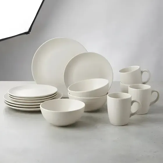 Vajilla 16 Piezas Plato Playo Postre Bowl Jarro Mug Ceramica Color Blanco Mate