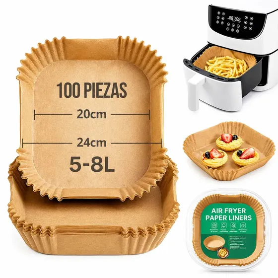 Pack X100 Bandeja Papel Cuadrada AIVA Home Antiadherente Para Freidora Aire Airfryer 24cm Descartable