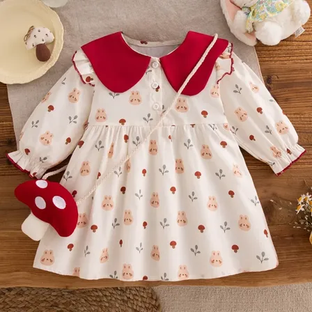 Vestido Beba Cuello Peter Pan Manga Larga Beige 6-9m