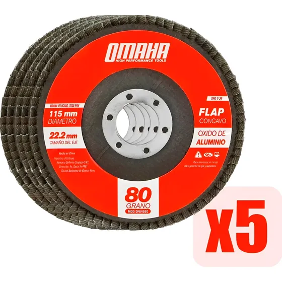 Disco Flap Oxido De Aluminio X5 Grano 80 115x22mm Omaha