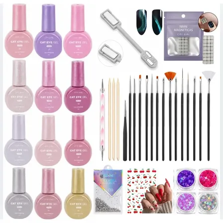 Kit Para Decoración Uñas + 3 Esmaltes Cat Eye Con Imán Surtidos