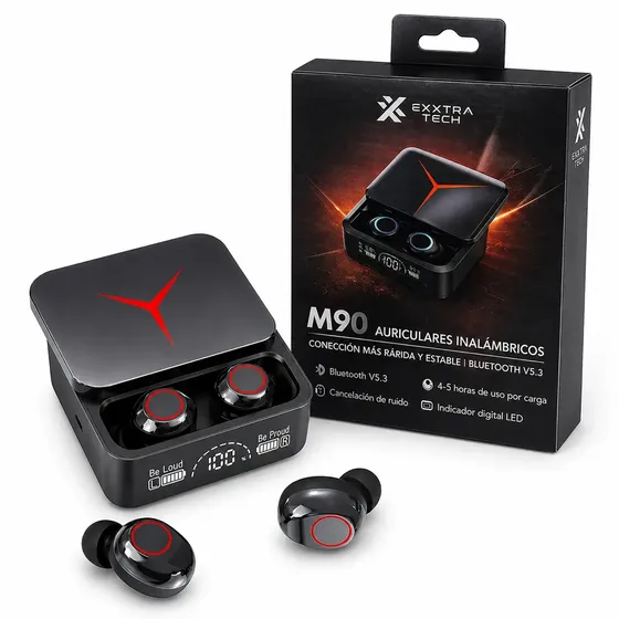 Auriculares Inalámbricos Bluetooth 5.3 Exxtra Tech M90 Tws Con Estuche Carga Led Micrófono Y Modo Juego