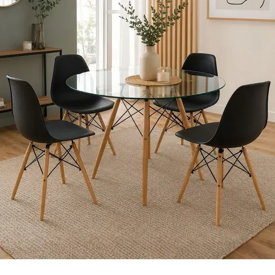 Juego De Comedor Mesa Redonda Vidrio 100cm + 4 Sillas Eames