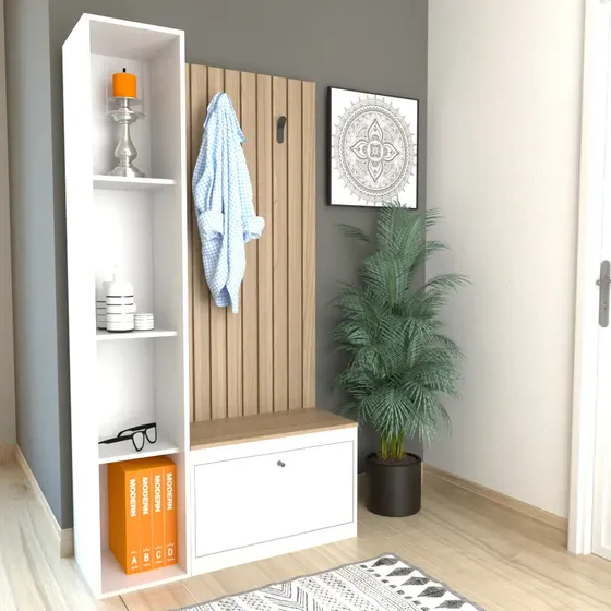 Recibidor Mueble Organizador Con Zapatero Y Estanteria Hogar Color Olmo Con Everest