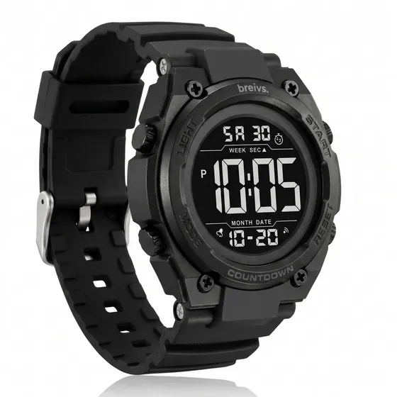 Reloj Hombre Digital Breivs B005 - Reloj Deportivo con Cronometro y Temporizador - Reloj Sumergible 5ATM - Reloj pulsera negro minimalista con gran presencia - Luz alarma timer