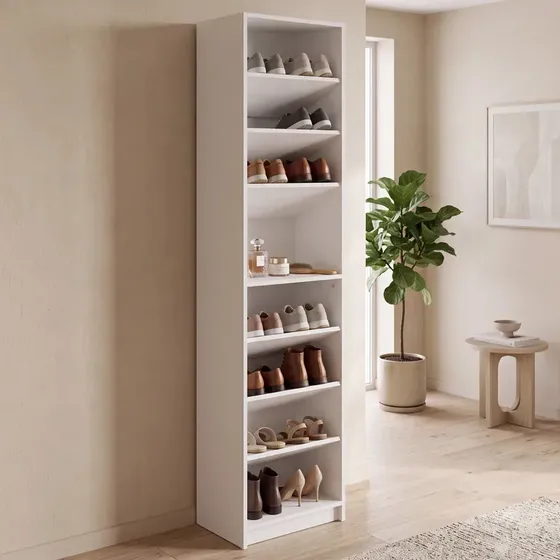Zapatero Vertical Organizador de Calzado 14 a 16 Pares de Melamina Blanco con 6 Estantes Inclinados y Nicho Central Multiuso Muar ZP02