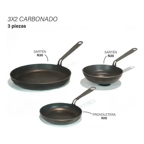 Pack x3 Sartenes Kankay N30 + N20 + N15 Hierro Carbonado Antiadherente Ideal para Cocina Saludable Apto Fuego Hornalla Vitrocerámico Inducción Sin químicos PFOA