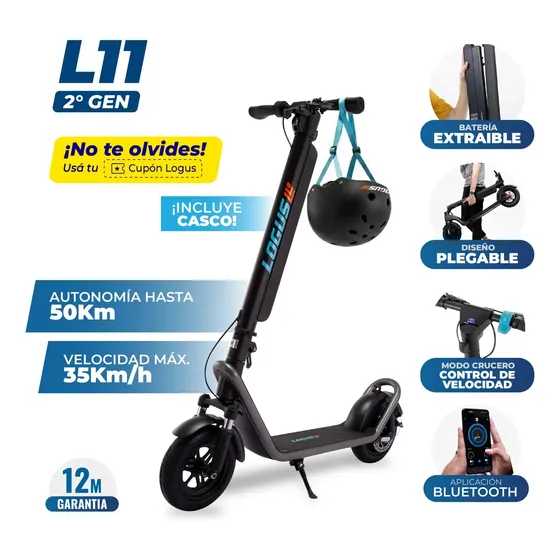 Monopatín Eléctrico Logus L11 500W Autonomía 50km con Batería Extraíble