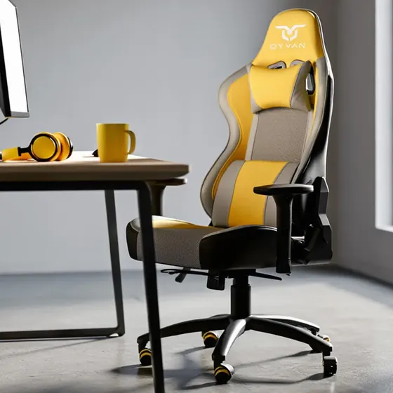 Silla Gamer De Pc Escritorio Dyvan Oficina Comoda Premium R8 Amarilla De Cuero Y Mesh