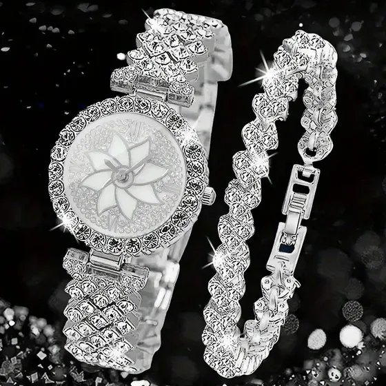 Set Reloj Mujer 2 Piezas Con Strass Y Flor