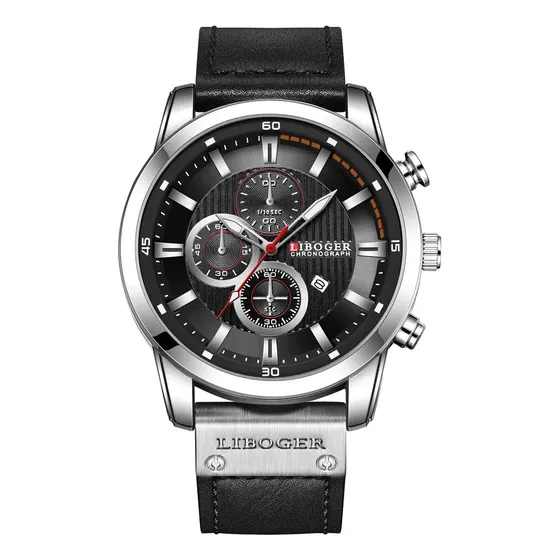Reloj Hombre Cuarzo Malla Cuero Con Fechador Plateado