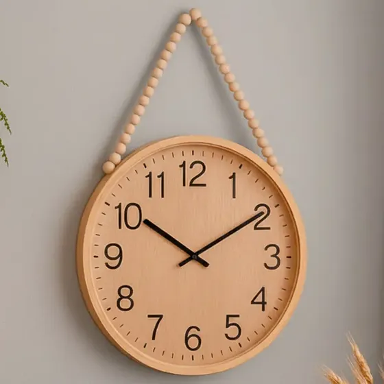 Reloj De Pared Clásico Silencioso Cn Soga Perlas Madera Deco