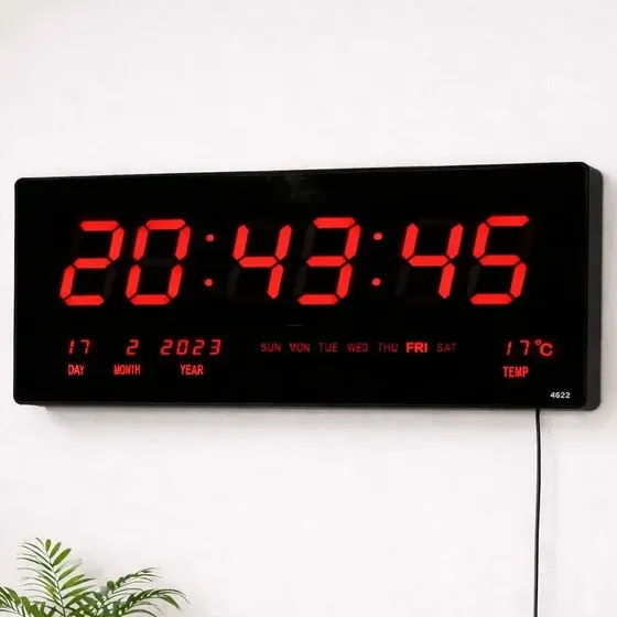 Reloj Digital De Pared Led Calendario Temp 45cm Colores Rojo