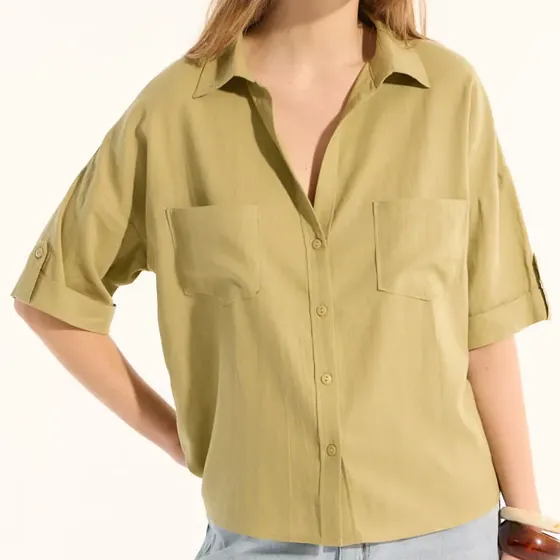 Camisa Calce Recto Cuello V Manga Corta Bolsi Mujer Portsaid Ap363026