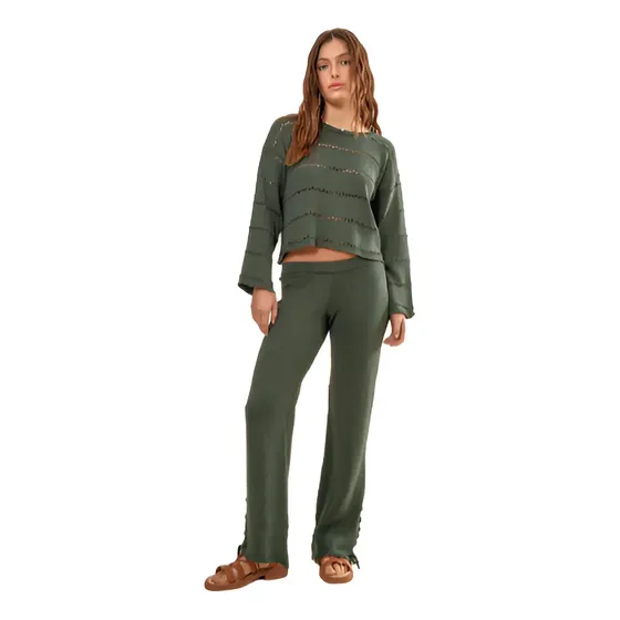 Pantalon Tejido Fresco Dama Mujer Detalle Textura Trenzado
