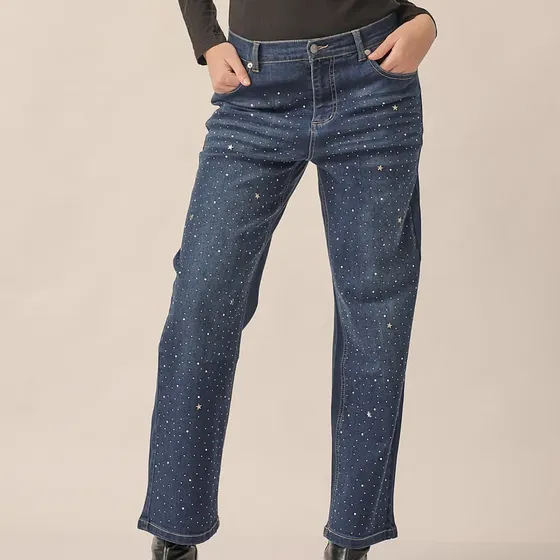 Jean Recto Elastizado Con Strass Talle Grande De Vicky Jeans