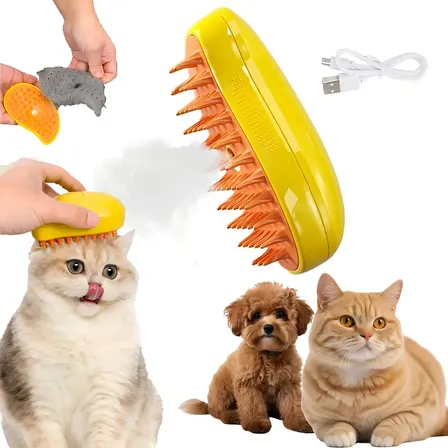 Peine Gatos Perros Vapor Cepillo Autolimpiante Saca Pelos Color Amarillo