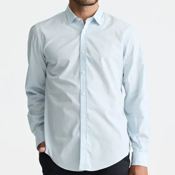 Camisa Poplin Lisa Manga Larga Penguin Celeste