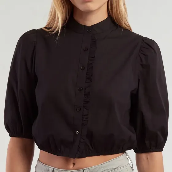 Camisa Mujer Kevingston Ruffle Manga 3/4 Lisa Negro