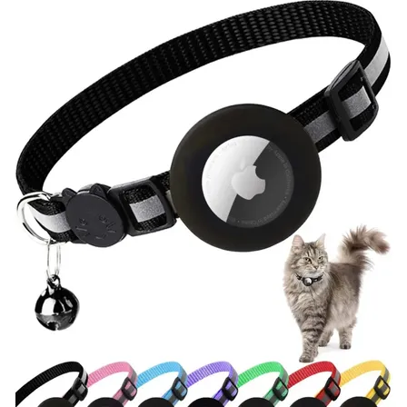 Collar Porta AirTag para Gato Negro Regulable y Reflectivo