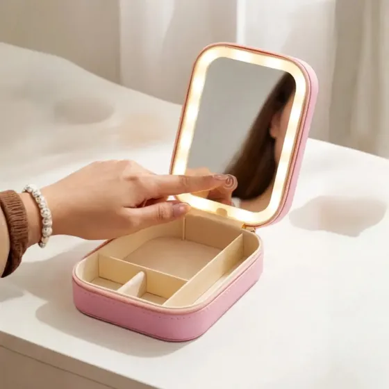 Alhajero Joyero Mtl Espejo Luz Led Touch Organizador Rosa