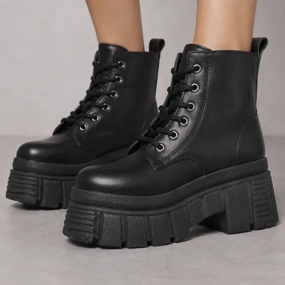 Borcego Mujer Plataforma Alta Negro Moda Urbana Eco Cuero