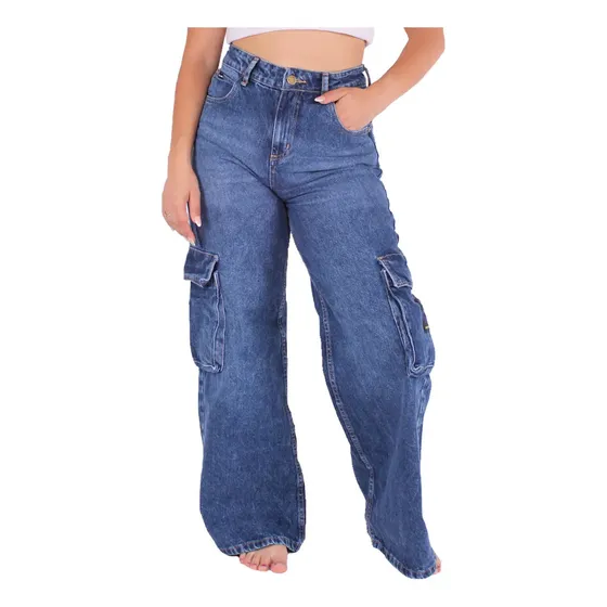 Jean Rip Curl Lifestyle Mujer Low Wide Cargo Azul Fuk