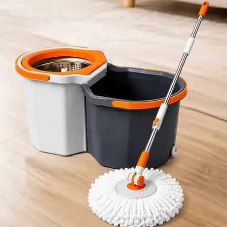 Mopa Centrifuga Balde Separador  Agua Limpia Y Sucia Premium Gris Naranja Drenaje Facil Tapones Desagote Uso Diario Residencial Comercial