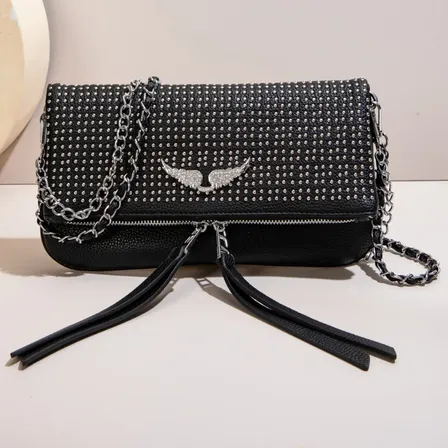 Cartera Bandolera Mujer Texturada Con Solapa Negro Liso Níquel