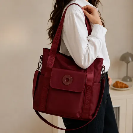 Cartera Morral Bolso Shopper Mujer Amplio Grande Impermeable Bordó Liso Cierre Reforzado