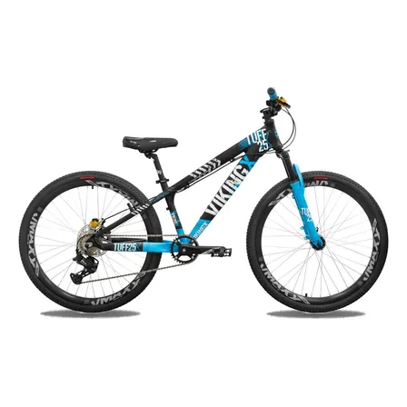 Bicicleta jump stunt Vikingx Tuff25 transmisión shimano 7v color Negro celeste rodado 26 freno disco
