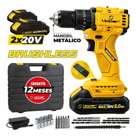 Taladro Percutor Upper Brushless 20V Torque Máx. 40N.m Mandril 13mm+ 2 Baterías con cargador + Maletín + Accesorios