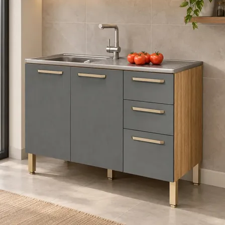 Bajo Mesada Cocina 120cm Freijo Gris Kit Paraná Mueble